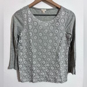 J. Crew Floral lace overlay 3/4 sleeve lightweight tee, gray and white, size XXS